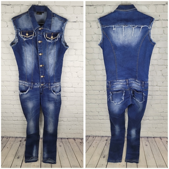 ORIGINAL DENIM | sleeveless button up distressed stretch denim jean coveralls - Picture 1 of 4